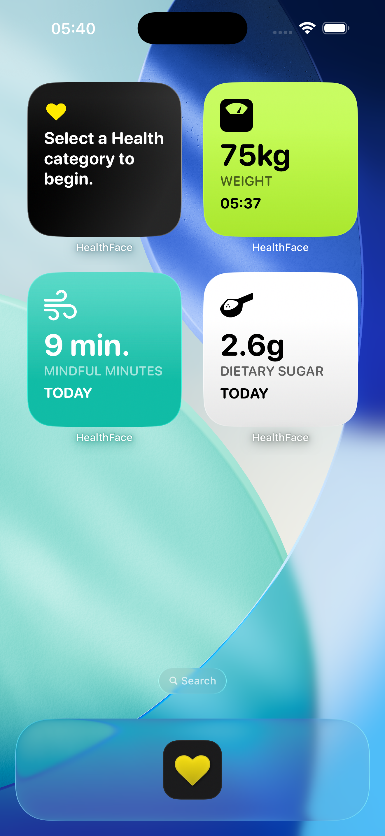 HealthFace iOS widgets showing weight, mindful minutes, and dietary sugar